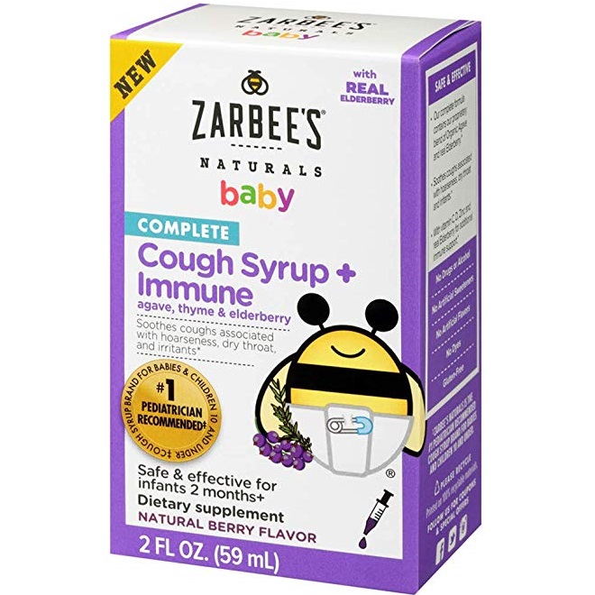 Siro trị ho và tăng đề kháng với mật ong đen và elderberry, Zarbee’s Children Cough Syrup + Immune, cho trẻ từ 2 tháng tuổi – 59ml